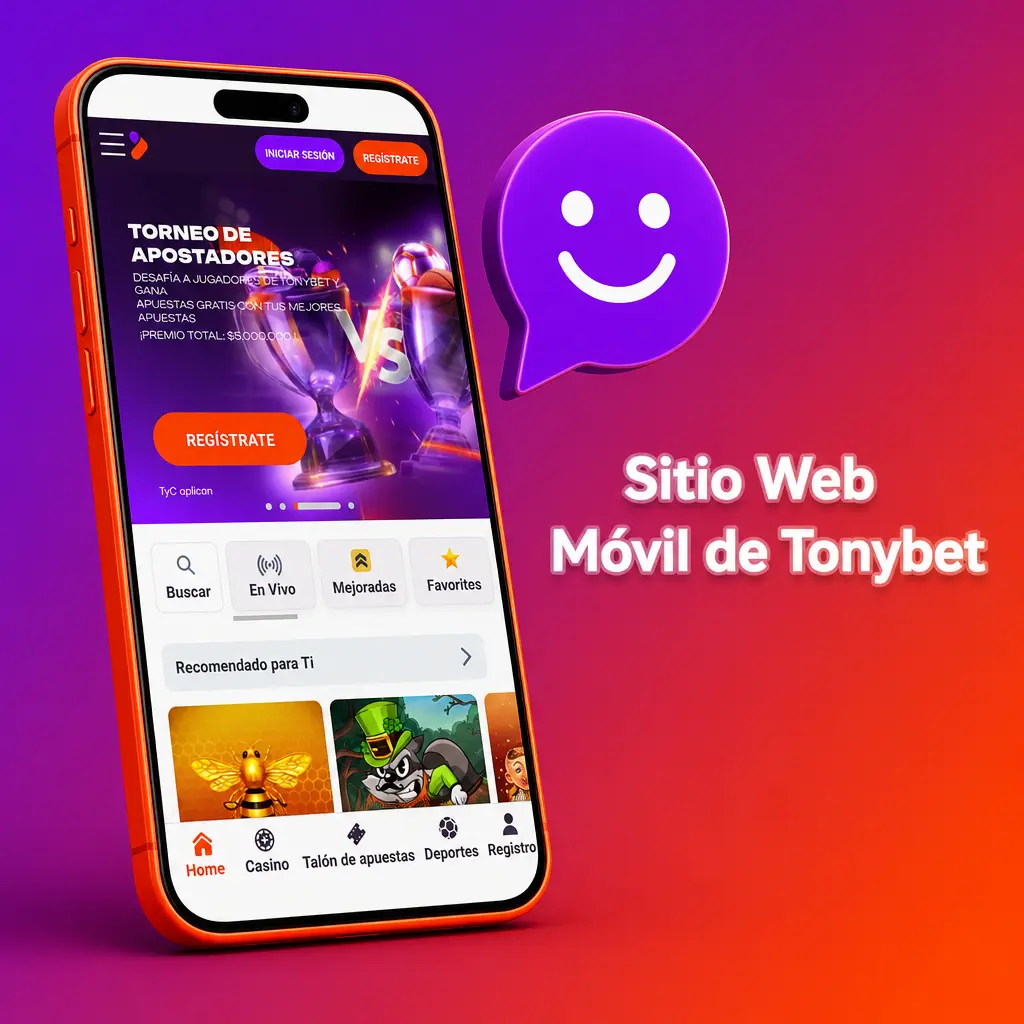 Sitio web móvil de Tonybet en pantalla táctil, con acceso a deportes, casino y cuenta sin descargar apps.
